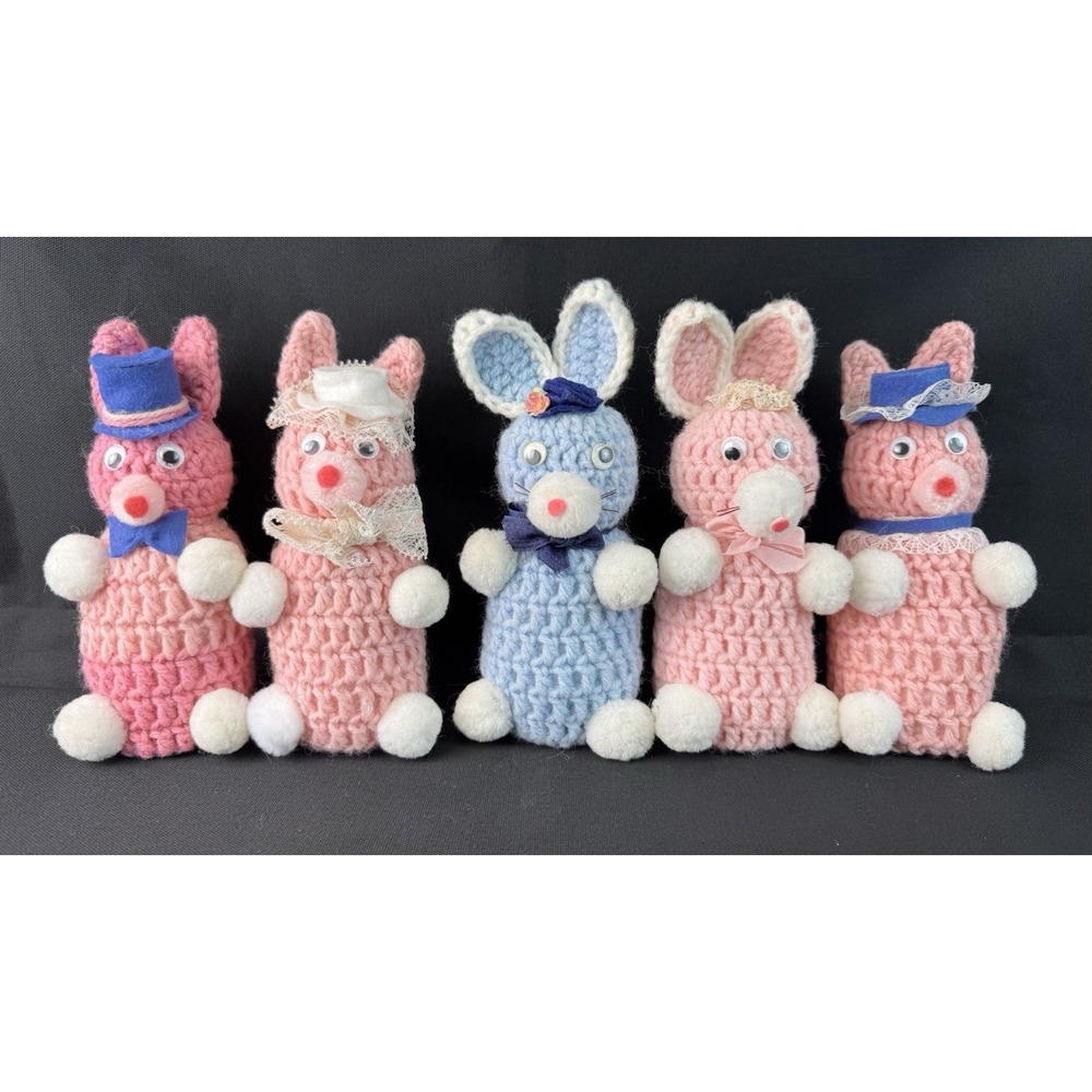 Lot Of 5 Vintage Handmade Crochet Bunnies 4 Pink & 1 Blue Plush Stuffed Animal